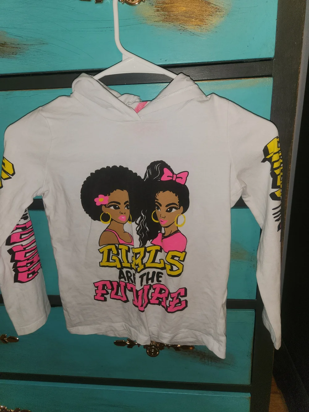Justice White Graphic Hoodie with Pink and Yellow Accents